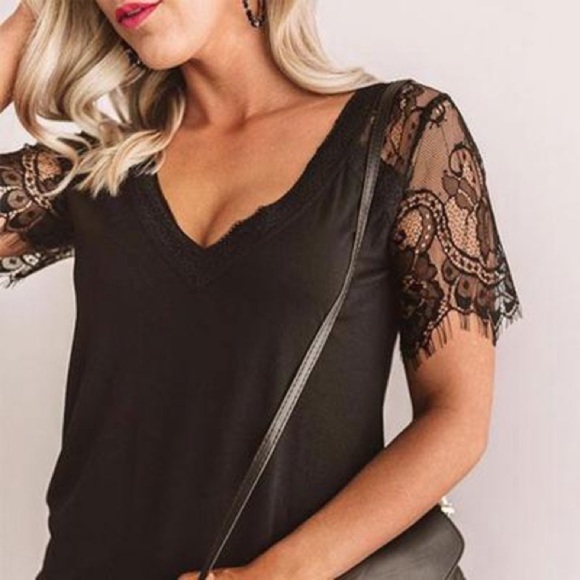 POL Black EyeLash Lace Scalloped Knit Top - Picture 3 of 5